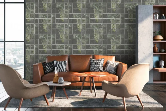 Wohnzimmer mit gemusterter Tapete